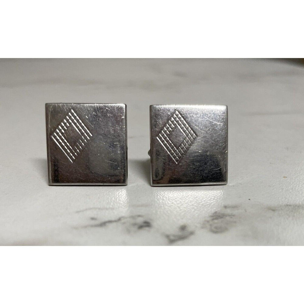Mid Century Swank Cuff Links Square‎ Diamond Embossed Vintage MCM Silver